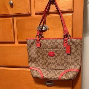Coach Signature Canvas Tote Bag - Brown and Coral